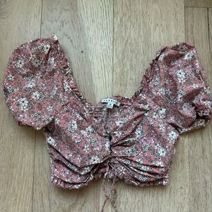 Haute Monde Floral Puff Sleeve Lace Up Crop Top Feminine Romantic Size Medium